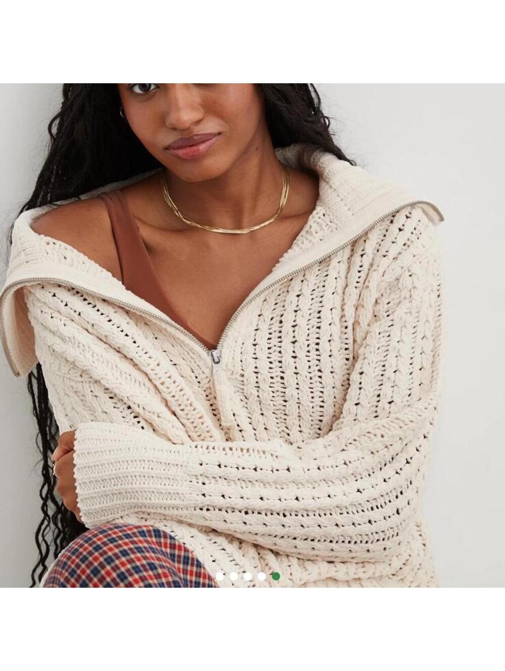 Aerie Cable Car Quarter Zip Chunky Sweater In Toasted Coconut Cream Women’s XS - Picture 14 of 15
